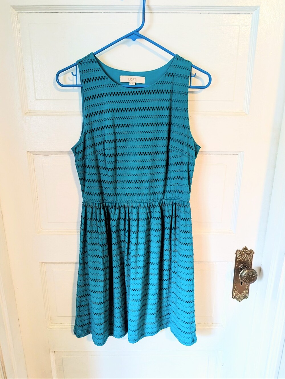 LOFT Teal Eyelet Sleeveless Fit & Flare Dress